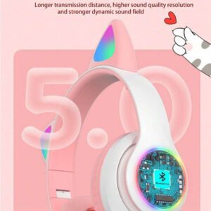 Casque serre-tête sans fil, Gelei 5.0, longue durée de vie de la batterie, haute qualité sonore, faible latence, conception d'oreilles de chat, pour la musique / le jeu