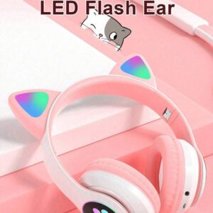 Casque serre-tête sans fil, Gelei 5.0, longue durée de vie de la batterie, haute qualité sonore, faible latence, conception d'oreilles de chat, pour la musique / le jeu