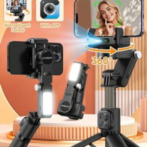 TOKQI Stabilisateur de cardan de suivi facial anti-tremblement, trépied, perche selfie Bluetooth extensible avec rotation à 360°, support de téléphone avec microphone pour la prise de vidéos sur smartphone, les vlogs de voyage, les rassemblements familiaux, les enregistrements de fête, compatible avec Android et iOS