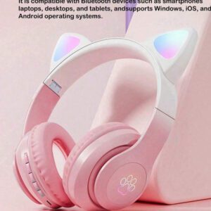 Casque serre-tête sans fil, Gelei 5.0, longue durée de vie de la batterie, haute qualité sonore, faible latence, conception d'oreilles de chat, pour la musique / le jeu