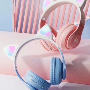 Casque serre-tête sans fil, Gelei 5.0, longue durée de vie de la batterie, haute qualité sonore, faible latence, conception d'oreilles de chat, pour la musique / le jeu