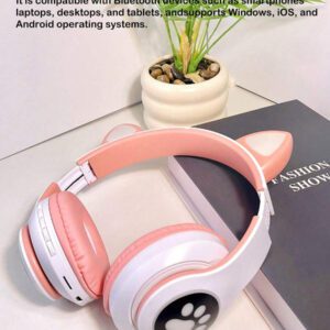 Casque serre-tête sans fil, Gelei 5.0, longue durée de vie de la batterie, haute qualité sonore, faible latence, conception d'oreilles de chat, pour la musique / le jeu