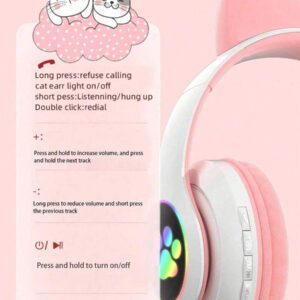 Casque serre-tête sans fil, Gelei 5.0, longue durée de vie de la batterie, haute qualité sonore, faible latence, conception d'oreilles de chat, pour la musique / le jeu