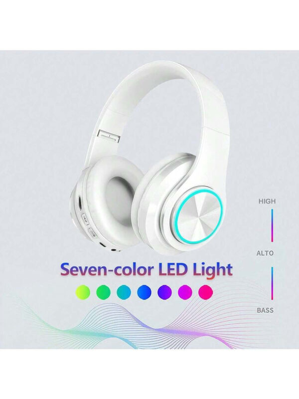 Casque Bluetooth sans fil avec lumières LED colorées, microphone intégré, léger, pliable – Image 5