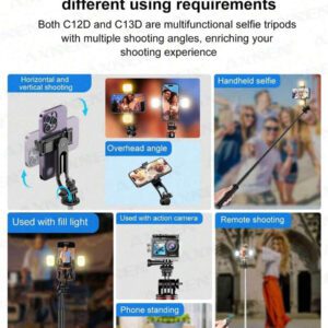 AXNEN Trépied de bâton à selfie portable de 51 pouces, avec lumière LED, rotation à 360°, support de téléphone portable détachable, trépied extensible et polyvalent pour téléphone portable/appareil photo/GoPro, compatible avec iPhone et smartphones Android, avec télécommande sans fil