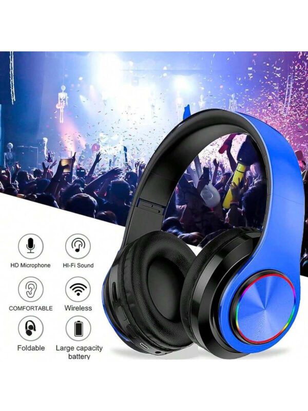 Casque Bluetooth sans fil avec lumières LED colorées, microphone intégré, léger, pliable – Image 15
