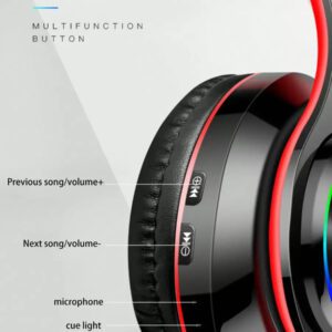 Écouteurs Bluetooth sans fil à 7 couleurs illuminantes, Bluetooth 5.0, microphone intégré, design pliable, mode double filaire/sans fil, léger et confortable, convient pour le travail, l'entraînement, le jeu et la musique