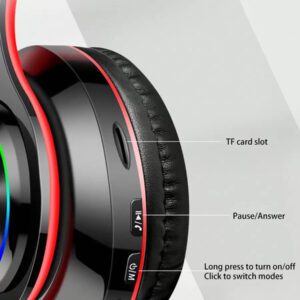 Écouteurs Bluetooth sans fil à 7 couleurs illuminantes, Bluetooth 5.0, microphone intégré, design pliable, mode double filaire/sans fil, léger et confortable, convient pour le travail, l'entraînement, le jeu et la musique
