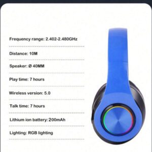 Écouteurs Bluetooth sans fil à 7 couleurs illuminantes, Bluetooth 5.0, microphone intégré, design pliable, mode double filaire/sans fil, léger et confortable, convient pour le travail, l'entraînement, le jeu et la musique