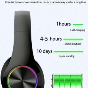 Écouteurs Bluetooth sans fil à 7 couleurs illuminantes, Bluetooth 5.0, microphone intégré, design pliable, mode double filaire/sans fil, léger et confortable, convient pour le travail, l'entraînement, le jeu et la musique