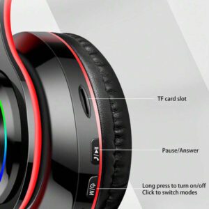 Écouteurs Bluetooth sans fil à 7 couleurs illuminantes, Bluetooth 5.0, microphone intégré, design pliable, mode double filaire/sans fil, léger et confortable, convient pour le travail, l'entraînement, le jeu et la musique