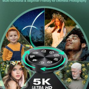 Caméra compacte 5K - Caméra 75MP & Vlogging, avec écran pivotant, flash, anti-secousse, zoom 18X, multiples modes, comprend une carte SD 32Go et une batterie rechargeable - Parfait pour les voyages et les réseaux sociaux, idéal pour Pâques, cadeau d'anniversaire
