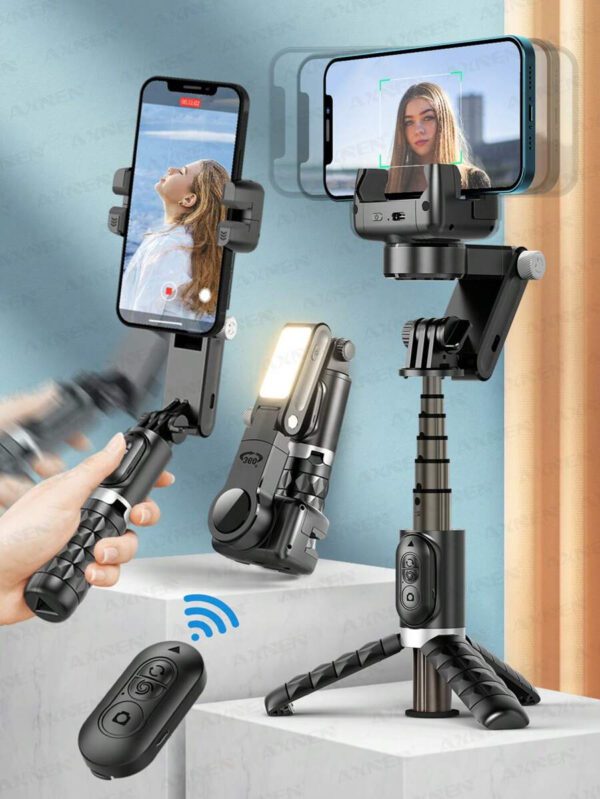 AXNEN Stabilisateur de cardan pour smartphone, bâton selfie trépied avec suivi du visage, mode de suivi de bureau, avec lumière de remplissage, rotation à 360°, trépied de téléphone portable 4 en 1 extensible en alliage d'aluminium, compatible avec la télécommande sans fil pour iPhone 14/13 Android Enregistrement vidéo – Image 2