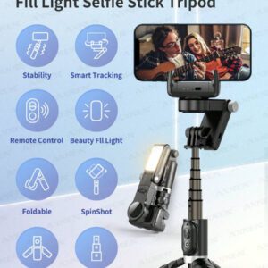AXNEN Stabilisateur de cardan pour smartphone, bâton selfie trépied avec suivi du visage, mode de suivi de bureau, avec lumière de remplissage, rotation à 360°, trépied de téléphone portable 4 en 1 extensible en alliage d'aluminium, compatible avec la télécommande sans fil pour iPhone 14/13 Android Enregistrement vidéo