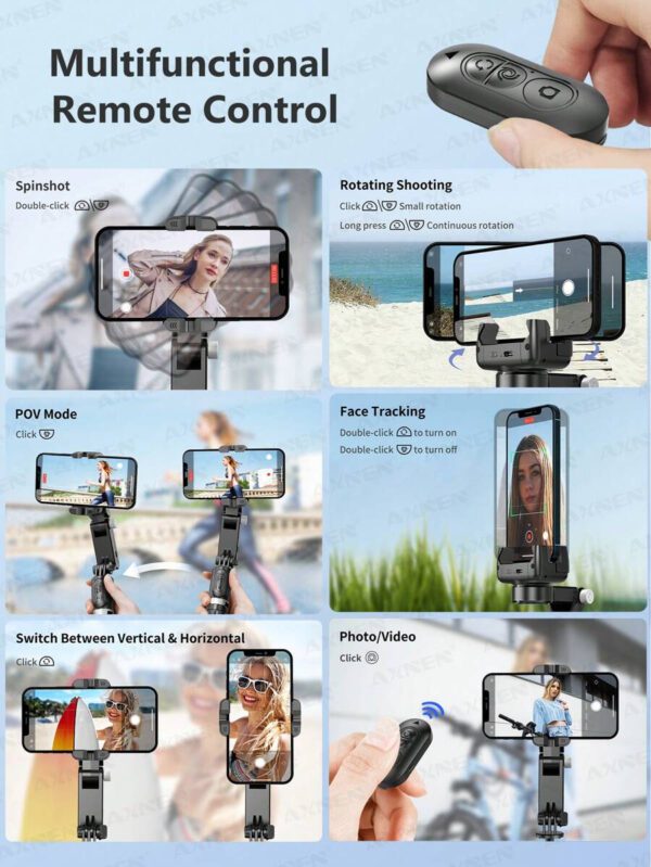 AXNEN Stabilisateur de cardan pour smartphone, bâton selfie trépied avec suivi du visage, mode de suivi de bureau, avec lumière de remplissage, rotation à 360°, trépied de téléphone portable 4 en 1 extensible en alliage d'aluminium, compatible avec la télécommande sans fil pour iPhone 14/13 Android Enregistrement vidéo – Image 8