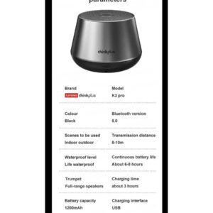 Lenovo Haut-parleur portable Bluetooth V5.0 Lenovo K3 Pro, lecteur de musique, haut-parleurs sans fil stéréo surround