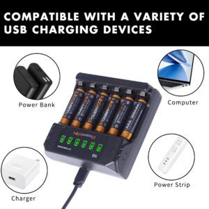 powerKAN Chargeur de piles AA AAA 6 fentes LED, courant de charge indépendant 500mA*6 Charge rapide, chargeur de piles LED à entrée USB-C pour piles rechargeables Ni-MH/Ni-CD 1,2V (câble USB-C inclus)