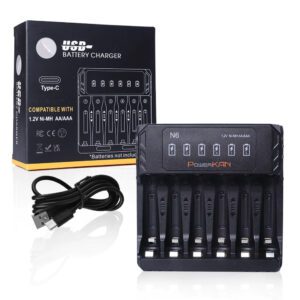 powerKAN Chargeur de piles AA AAA 6 fentes LED, courant de charge indépendant 500mA*6 Charge rapide, chargeur de piles LED à entrée USB-C pour piles rechargeables Ni-MH/Ni-CD 1,2V (câble USB-C inclus)