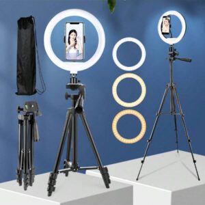 Anneau lumineux de 10 pouces avec trépied, anneau lumineux LED selfie avec trépied extensible et support pour téléphone pour diffusion en direct/maquillage/vidéo, compatible avec tous les téléphones