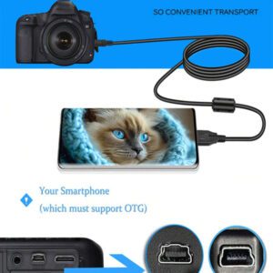EDEKOY Câble de caméra noir Edekoy 1M MINI5P-TypeC, convient aux smartphones avec interface de type C et aux appareils photo Canon, câble de chargement USB, transfert de données rapide, conception durable et flexible, sans batterie nécessaire, mode USB pour un transfert facile de photos et de vidéos. MINI5P-TypeC est compatible avec Canon EOS D30, D20, D10, SX60, SX520, SD110, A2500, 5DS, T6I, HF100, R300 et d'autres appareils photo reflex numériques.
