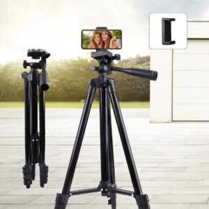 Trépied mobile réglable 128 cm, trépied portable multifonctionnel avec sac de rangement, solide et durable, avec pince pour téléphone portable, parfait pour selfie/vidéo/enregistrement vidéo/diffusion en direct