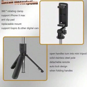 Mini perche à selfie rotative et portable, stabilisateur de distance extensible, trépied de bureau portable, trépied multifonctionnel de photographie de plein air avec obturateur de selfie Bluetooth