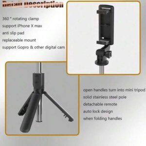 Mini perche à selfie rotative et portable, stabilisateur de distance extensible, trépied de bureau portable, trépied multifonctionnel de photographie de plein air avec obturateur de selfie Bluetooth