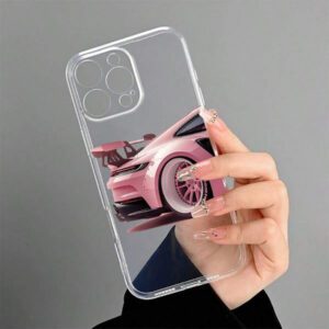 1 pièce Étui de téléphone portable motif voiture rose, coque de téléphone protectrice imprimée UV, compatible avec 11 12 13 14 15 16 Pro Max XR X/XS 7 8 Plus SE Mini, design créatif personnalisé, étanche, antichoc, anti-rayures