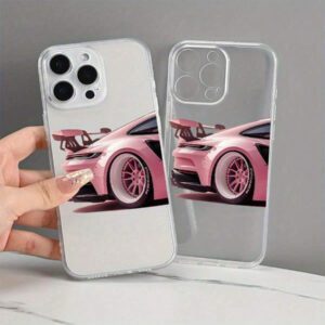 1 pièce Étui de téléphone portable motif voiture rose, coque de téléphone protectrice imprimée UV, compatible avec 11 12 13 14 15 16 Pro Max XR X/XS 7 8 Plus SE Mini, design créatif personnalisé, étanche, antichoc, anti-rayures