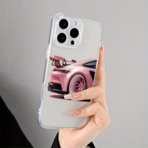 1 pièce Étui de téléphone portable motif voiture rose, coque de téléphone protectrice imprimée UV, compatible avec 11 12 13 14 15 16 Pro Max XR X/XS 7 8 Plus SE Mini, design créatif personnalisé, étanche, antichoc, anti-rayures