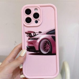 1 pièce Étui de téléphone portable motif voiture rose, coque de téléphone protectrice imprimée UV, compatible avec 11 12 13 14 15 16 Pro Max XR X/XS 7 8 Plus SE Mini, design créatif personnalisé, étanche, antichoc, anti-rayures