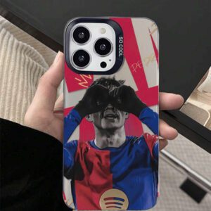 1 pièce Étui de téléphone argenté coloré avec motif de joueur de football rayé rouge et bleu, compatible avec iPhone11, 11Pro, 11ProMax, 12, 12Pro, 12ProMax, 13, 13Pro, 13ProMax, 14, 14Pro, 14Plus, 14ProMax, 15, 15Pro, 15Plus, 16, 16Pro, 16ProMax, 16Plus, 17, 17Pro, 17Air, 17ProMax