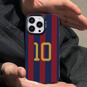 1 pièce Étui de téléphone argenté coloré avec motif de joueur de football rayé rouge et bleu, compatible avec iPhone11, 11Pro, 11ProMax, 12, 12Pro, 12ProMax, 13, 13Pro, 13ProMax, 14, 14Pro, 14Plus, 14ProMax, 15, 15Pro, 15Plus, 16, 16Pro, 16ProMax, 16Plus, 17, 17Pro, 17Air, 17ProMax