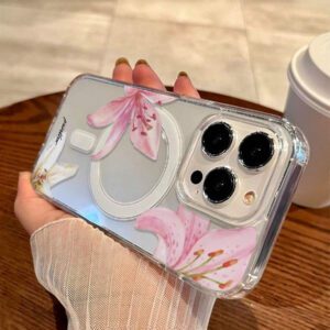 1 pièce Étui de téléphone transparent magnétique sans fil avec fleur de lys, doux + dur, résistant aux rayures, anti-traces de doigts, compatible avec iPhone 15, 16 Pro/Pro Max, 14, 15, 16 Plus, unisexe, peut être utilisé comme cadeau de vacances, étanche, antichoc, anti-chute
