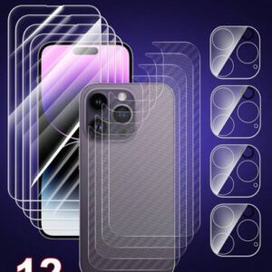 Ensemble de protection complet 12 pièces pour la série Apple iPhone 11-16 : 4 protecteurs d'écran avant haute définition, 4 protecteurs de dos en fibre de carbone, 4 protecteurs d'objectif de caméra haute définition. Convient pour iPhone 14 6,1", iPhone 13/13 Pro 6,1", iPhone 15/15 Pro Max, iPhone 16/16 Pro/16 Pro Max. Cadeau pour l'anniversaire, la famille, les amis. Verre trempé, protecteur d'écran de téléphone, accessoires de téléphone. Imperméable, antichoc, anti-chute, résistant aux rayures, anti-empreintes digitales