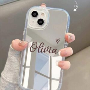 Coque de téléphone miroir personnalisable, design mignon en forme de cœur avec initiale et phrase courte. Compatible avec 11 Pro/13 Pro/15 Pro Max, XR, 12, 13, 15, 16 Pro Max. Stylée, sobre, personnalisée, drôle, unique, idéal pour elle, petit-ami, petite-amie, famille, amis, grands-parents, couple, anniversaires, anniversaires