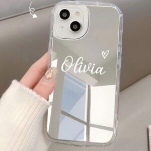 Coque de téléphone miroir personnalisable, design mignon en forme de cœur avec initiale et phrase courte. Compatible avec 11 Pro/13 Pro/15 Pro Max, XR, 12, 13, 15, 16 Pro Max. Stylée, sobre, personnalisée, drôle, unique, idéal pour elle, petit-ami, petite-amie, famille, amis, grands-parents, couple, anniversaires, anniversaires