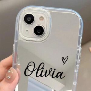 Coque de téléphone miroir personnalisable, design mignon en forme de cœur avec initiale et phrase courte. Compatible avec 11 Pro/13 Pro/15 Pro Max, XR, 12, 13, 15, 16 Pro Max. Stylée, sobre, personnalisée, drôle, unique, idéal pour elle, petit-ami, petite-amie, famille, amis, grands-parents, couple, anniversaires, anniversaires