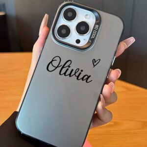 Coque de téléphone miroir personnalisable, design mignon en forme de cœur avec initiale et phrase courte. Compatible avec 11 Pro/13 Pro/15 Pro Max, XR, 12, 13, 15, 16 Pro Max. Stylée, sobre, personnalisée, drôle, unique, idéal pour elle, petit-ami, petite-amie, famille, amis, grands-parents, couple, anniversaires, anniversaires