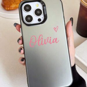 Coque de téléphone miroir personnalisable, design mignon en forme de cœur avec initiale et phrase courte. Compatible avec 11 Pro/13 Pro/15 Pro Max, XR, 12, 13, 15, 16 Pro Max. Stylée, sobre, personnalisée, drôle, unique, idéal pour elle, petit-ami, petite-amie, famille, amis, grands-parents, couple, anniversaires, anniversaires