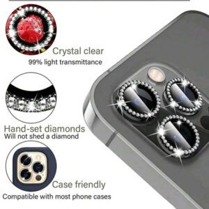 3 pièces Protecteur d'anneau métallique compatible avec 16 15 14 13 11 12 Pro Max Mini Protection de l'objectif de la caméra. Compatible avec 11 14 Pro Max. Cadeau pour l'anniversaire, la famille, les amis. Cristal scintillant, protecteur d'objectif, accessoires de téléphone. Étanche, antichoc, anti-chute, anti-rayures, anti-traces de doigts, protection complète