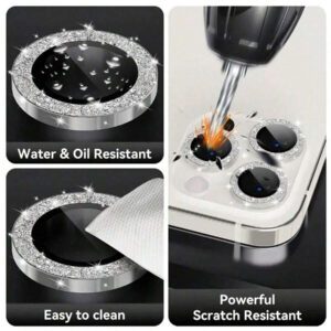 3 pièces Protecteur d'anneau métallique compatible avec 16 15 14 13 11 12 Pro Max Mini Protection de l'objectif de la caméra. Compatible avec 11 14 Pro Max. Cadeau pour l'anniversaire, la famille, les amis. Cristal scintillant, protecteur d'objectif, accessoires de téléphone. Étanche, antichoc, anti-chute, anti-rayures, anti-traces de doigts, protection complète