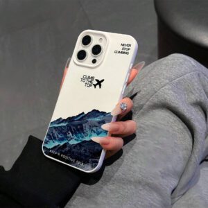 1 pièce Étui de téléphone avec citation anglaise, avion noir et montagne enneigée, conception personnalisée compatible avec 16 ProMax/15/14Plus/13/12/11, housse de protection étanche aux chocs, anti-rayures