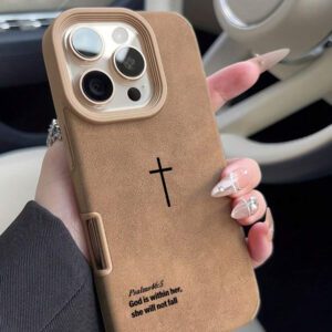 Étui de téléphone avec texture de velours rétro et verset biblique en croix, style religieux minimaliste croix chrétienne cool, cadeau chrétien pour petite amie/petit ami, compatible avec 17/ Air /17 Pro/17 Pro Max