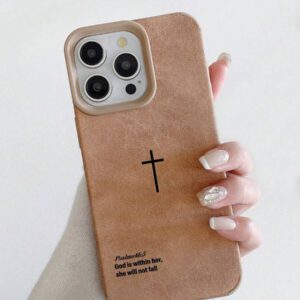 Étui de téléphone avec texture de velours rétro et verset biblique en croix, style religieux minimaliste croix chrétienne cool, cadeau chrétien pour petite amie/petit ami, compatible avec 17/ Air /17 Pro/17 Pro Max
