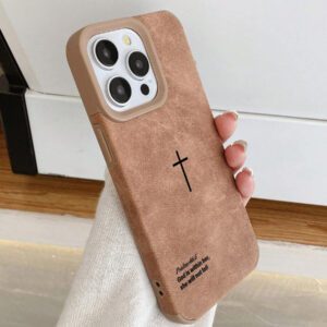 Étui de téléphone avec texture de velours rétro et verset biblique en croix, style religieux minimaliste croix chrétienne cool, cadeau chrétien pour petite amie/petit ami, compatible avec 17/ Air /17 Pro/17 Pro Max