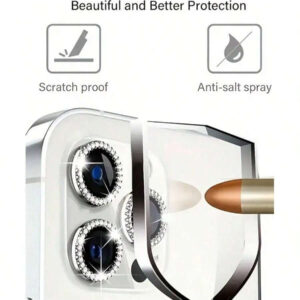 1 set de film protecteur de lentille de caméra avec strass flash compatible avec 12/12 Mini/12 Pro/12 Pro Max, 13/13 Mini/13 Pro/13 Pro Max, 11/11 Pro/11 Pro Max, 14/14 Plus/14 Pro/14 Pro Max, 15/15 Plus/15 Pro/15 Pro Max. Couvercle de caméra en verre trempé décoré de strass incrustés. Cadeau coloré de strass étincelant pour l'anniversaire, la famille et les amis. Protecteur de lentille, accessoires de téléphone étanches, antichoc, anti-rayures et anti-traces de doigts, avec protection complète.