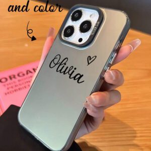 Coque de téléphone miroir personnalisable, design mignon en forme de cœur avec initiale et phrase courte. Compatible avec 11 Pro/13 Pro/15 Pro Max, XR, 12, 13, 15, 16 Pro Max. Stylée, sobre, personnalisée, drôle, unique, idéal pour elle, petit-ami, petite-amie, famille, amis, grands-parents, couple, anniversaires, anniversaires
