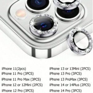 1 set de film protecteur de lentille de caméra avec strass flash compatible avec 12/12 Mini/12 Pro/12 Pro Max, 13/13 Mini/13 Pro/13 Pro Max, 11/11 Pro/11 Pro Max, 14/14 Plus/14 Pro/14 Pro Max, 15/15 Plus/15 Pro/15 Pro Max. Couvercle de caméra en verre trempé décoré de strass incrustés. Cadeau coloré de strass étincelant pour l'anniversaire, la famille et les amis. Protecteur de lentille, accessoires de téléphone étanches, antichoc, anti-rayures et anti-traces de doigts, avec protection complète.