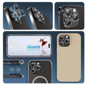 3 pièces Protecteur d'objectif d'appareil photo en métal noir pailleté pour iPhone 17 Pro Max / 17 Pro / 17 Air / 17 / 16 Pro Max / 16 Pro / 15 Pro Max / 15 Pro / 14 Pro / 13 Pro / 12 Pro / 11 Pro Max : Verre trempé anti-rayures 9H - Design compatible avec les coques et revêtement anti-traces de doigts pour une esthétique de luxe et une photographie de nuit (Kit sans bulles et clarté HD compatible avec le flash)